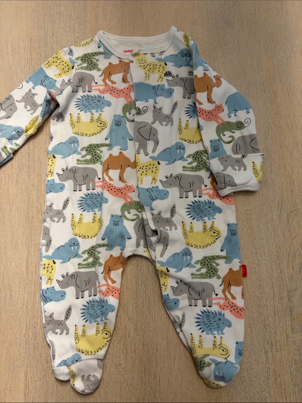 Magnetic Me Animal Print Footed One-Piece - White with Multi-Colored Animals